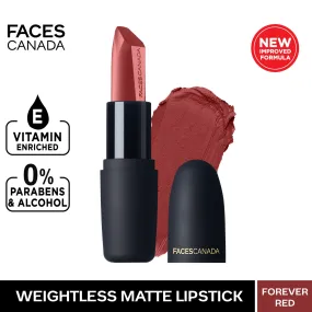 Faces Canada Weightless Matte Lipstick | Jojoba and Almond Oil enriched | Highly pigmented | Smooth One Stroke Weightless Color | Keeps Lips Moisturized |Shade - Forever Red 4g