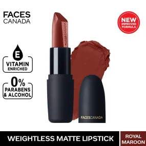 Faces Canada Weightless Matte Lipstick |Jojoba and Almond Oil | Highly pigmented |Smooth One Stroke Color | Keeps Lips Moisturized |Royal Maroon 4.5 g