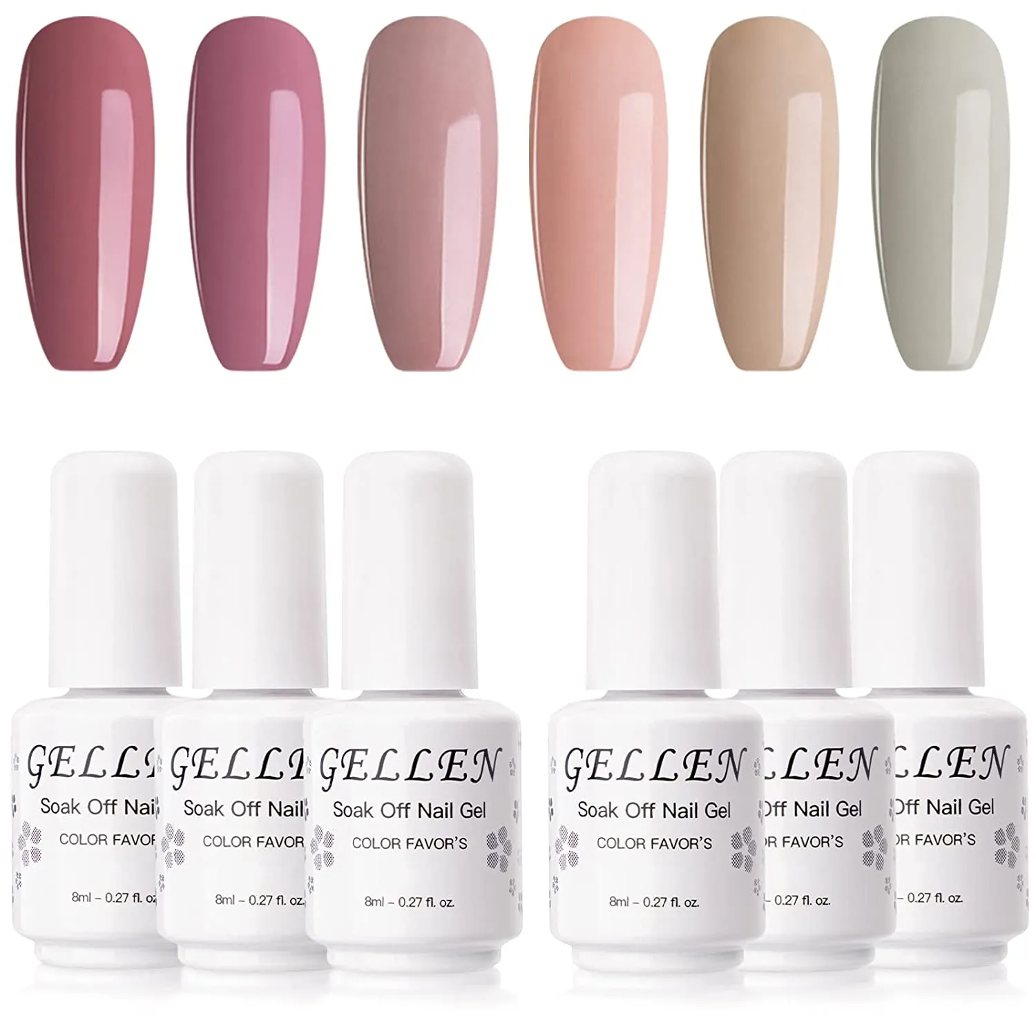 Gellen Gel Nail Polish Kit- Gentle Nudes Series Nude Neutrals 6 Colors, Warm Pastels Beige Pink Soak Off Gel Polish Set