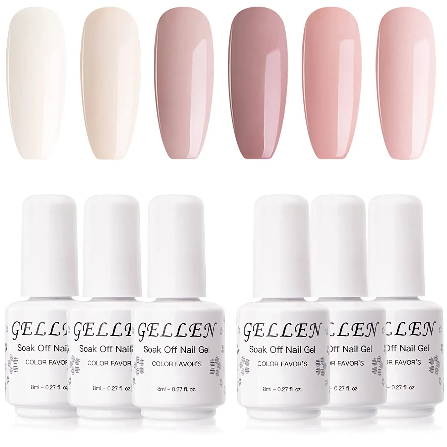 Gellen Gel Nail Polish Kit- Gentle Nudes Series Nude Neutrals 6 Colors, Warm Pastels Beige Pink Soak Off Gel Polish Set