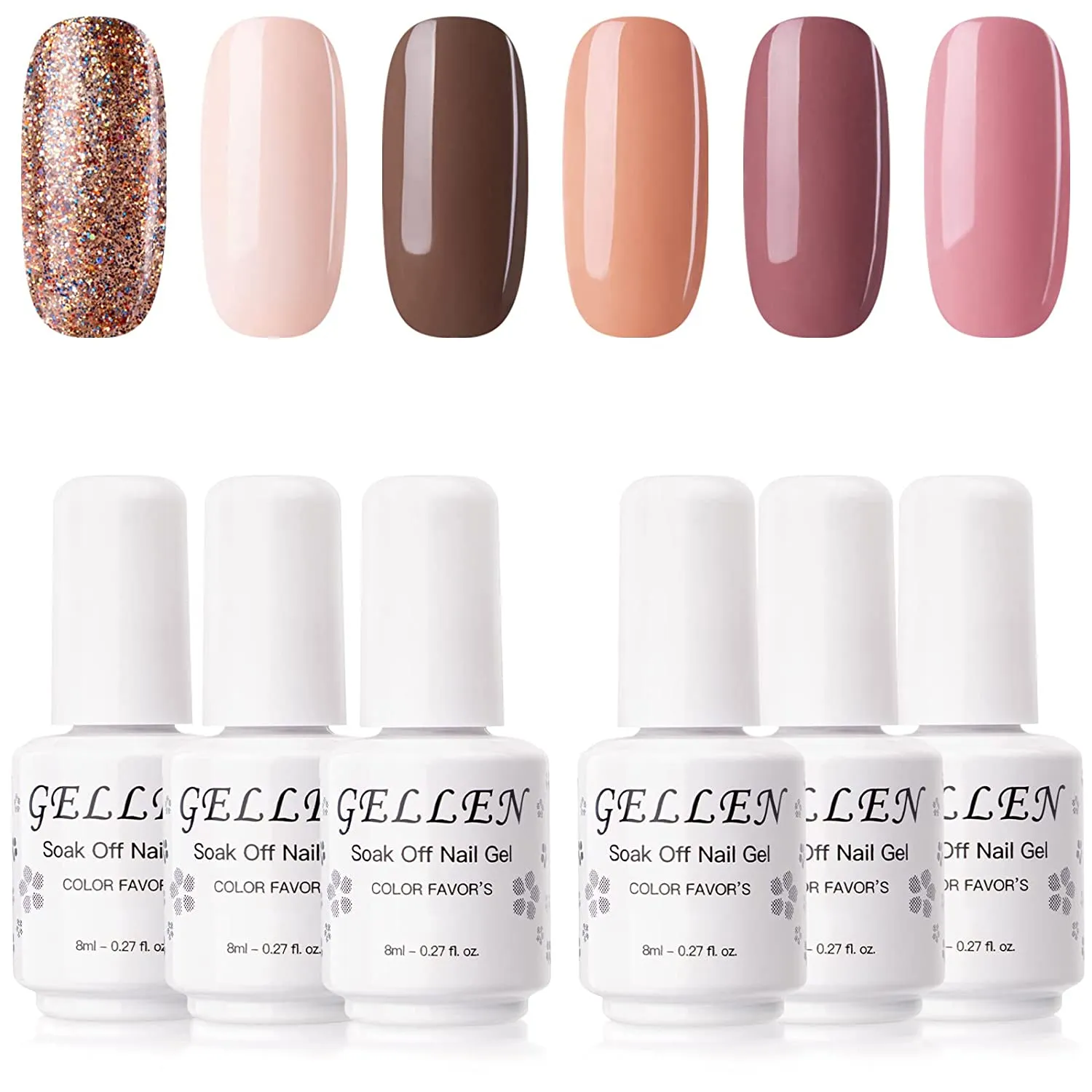 Gellen Gel Nail Polish Kit- Gentle Nudes Series Nude Neutrals 6 Colors, Warm Pastels Beige Pink Soak Off Gel Polish Set