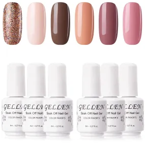 Gellen Gel Nail Polish Kit- Gentle Nudes Series Nude Neutrals 6 Colors, Warm Pastels Beige Pink Soak Off Gel Polish Set
