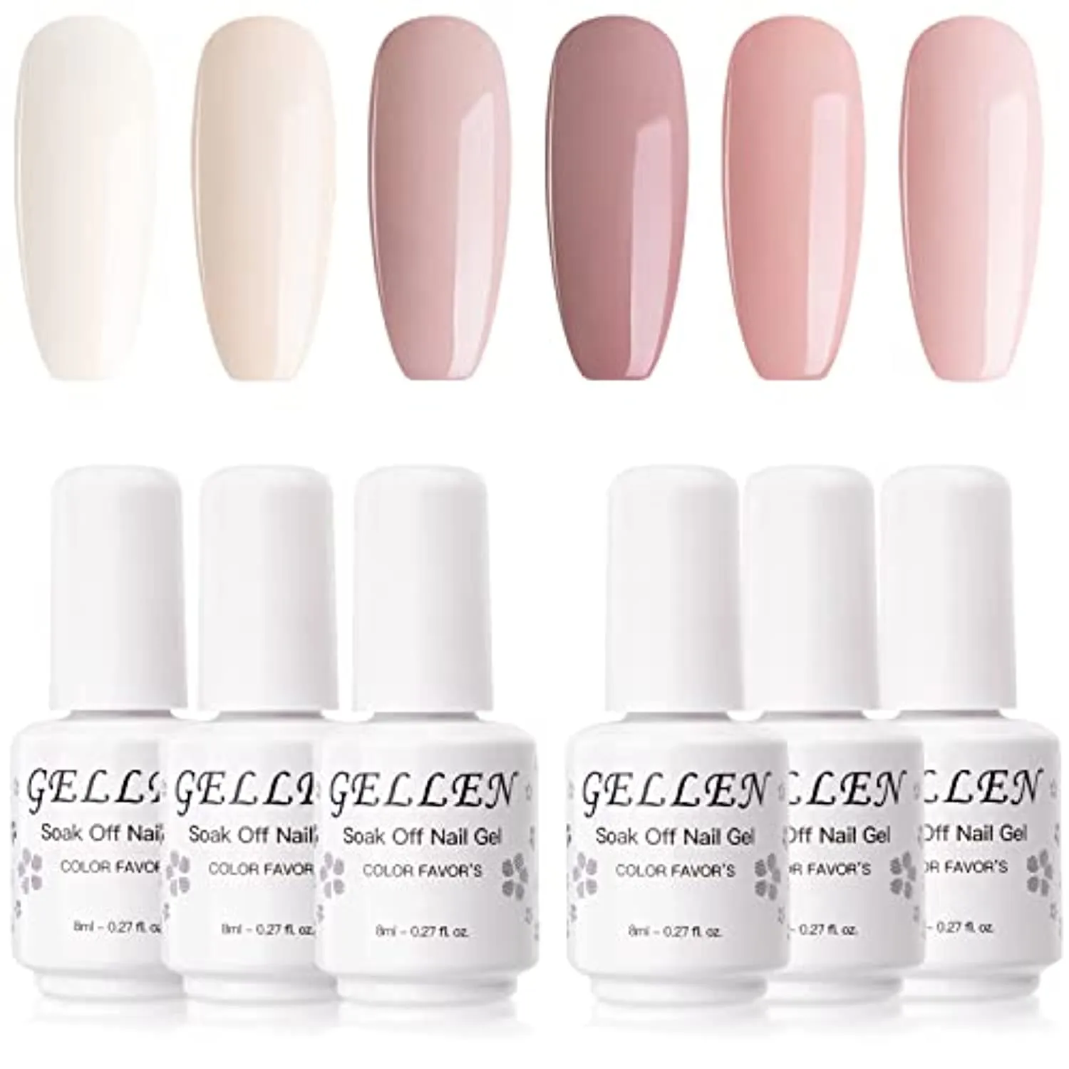 Gellen Gel Nail Polish Kit- Gentle Nudes Series Nude Neutrals 6 Colors, Warm Pastels Beige Pink Soak Off Gel Polish Set