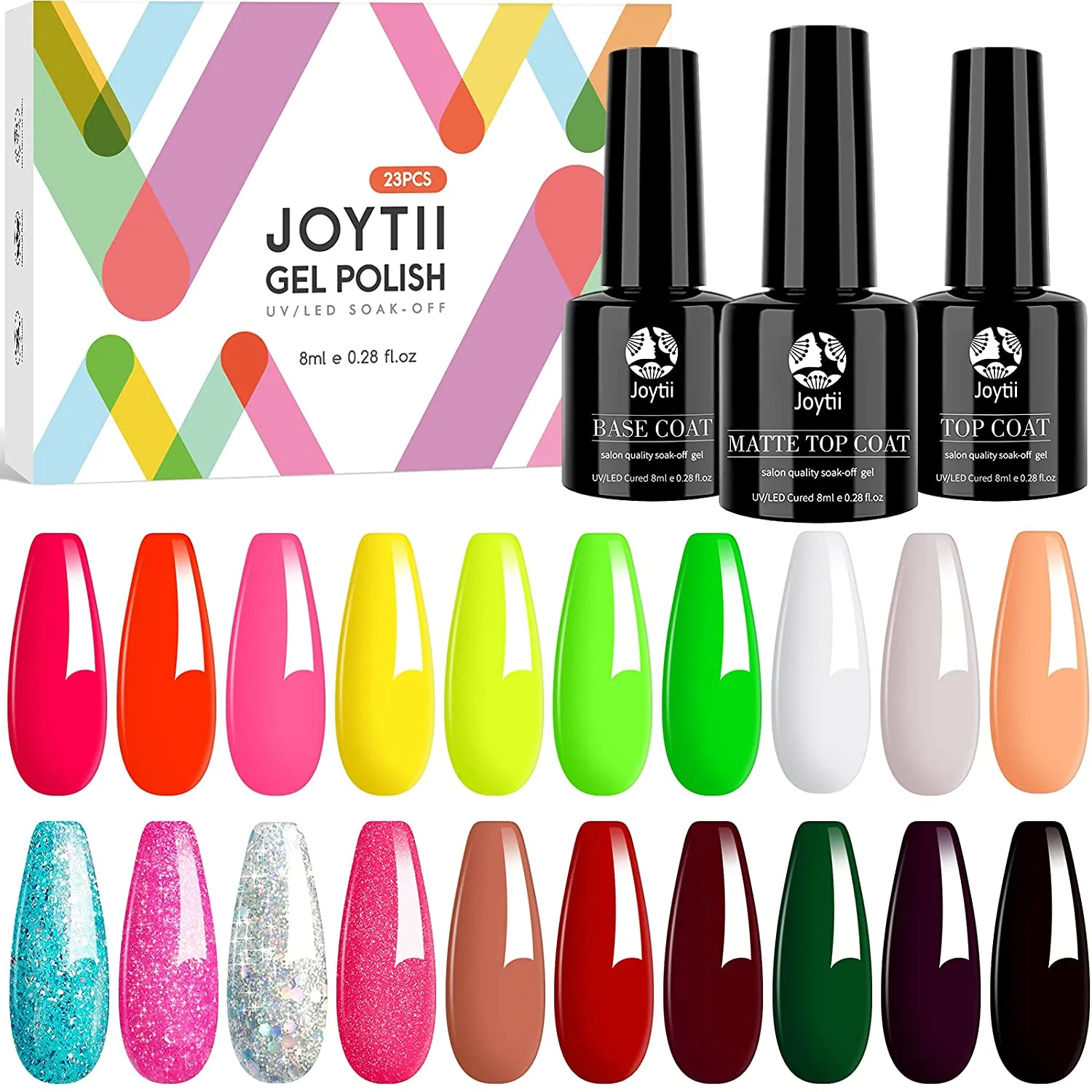 Joytii Gel Nail Polish Kit, 23pcs Gel Nail Polish Set with No Wipe Matte/Glossy Top and Base Coat UV LED Soak Off Gel Nail Polishes for Nail Salon Nail DIY at Home