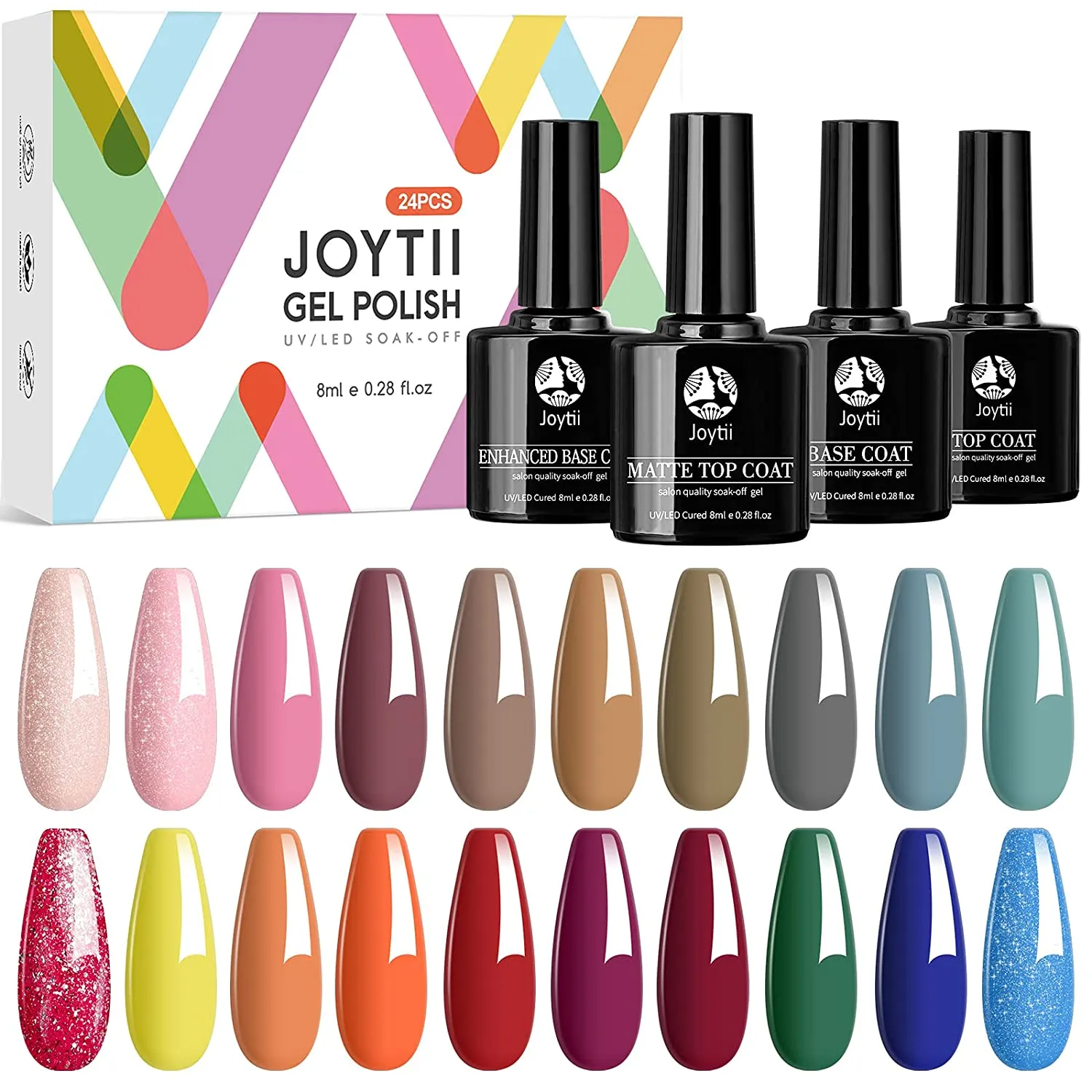 Joytii Gel Nail Polish Kit, 23pcs Gel Nail Polish Set with No Wipe Matte/Glossy Top and Base Coat UV LED Soak Off Gel Nail Polishes for Nail Salon Nail DIY at Home
