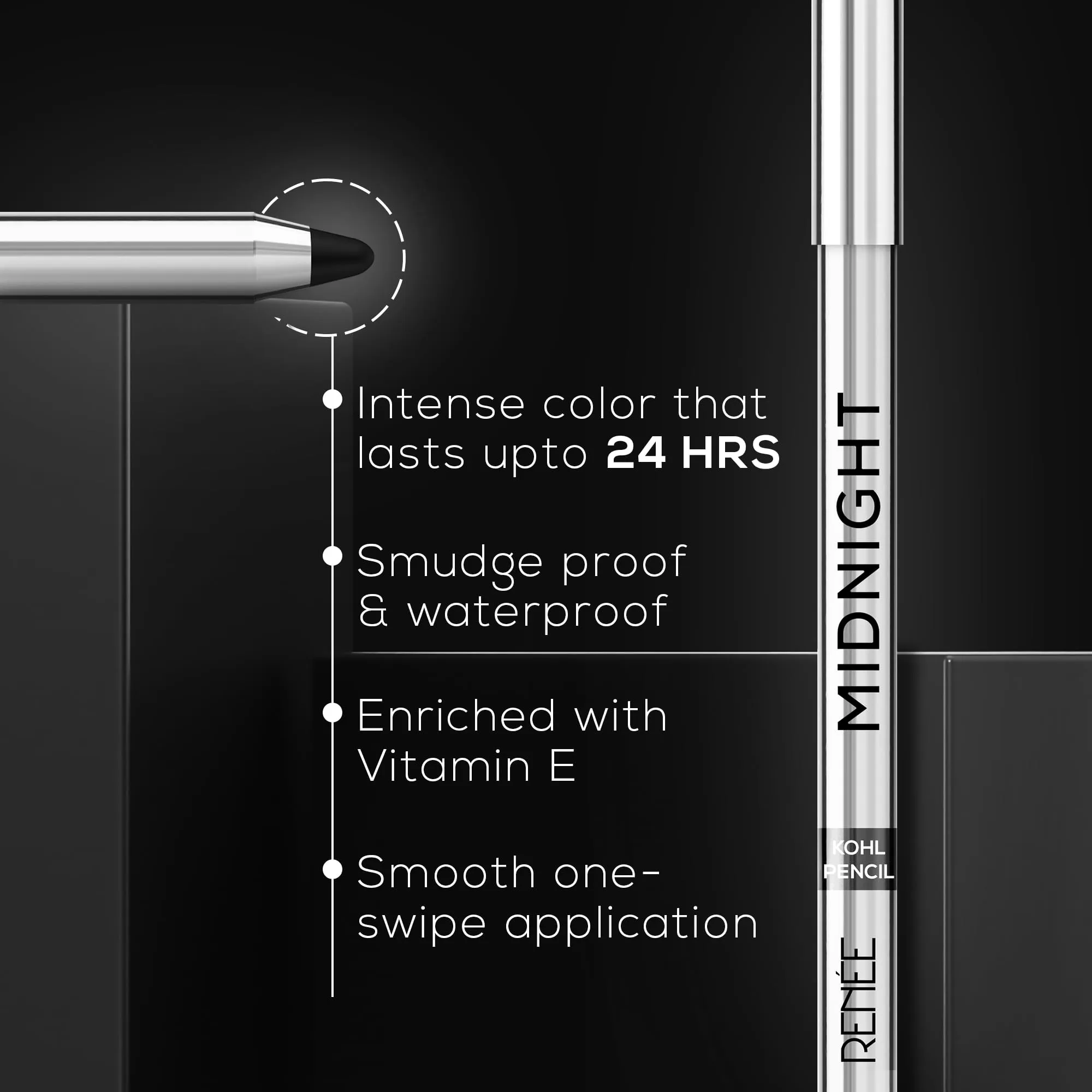 RENEE Midnight Kohl Pencil - Smudgeproof and Waterproof Kajal - 24 Hrs Long Stay - Darkest Black - One Swipe Application - Rich Color Payoff - Vitamin E, Olive Oil and Castor Oil - 1.5 Gm